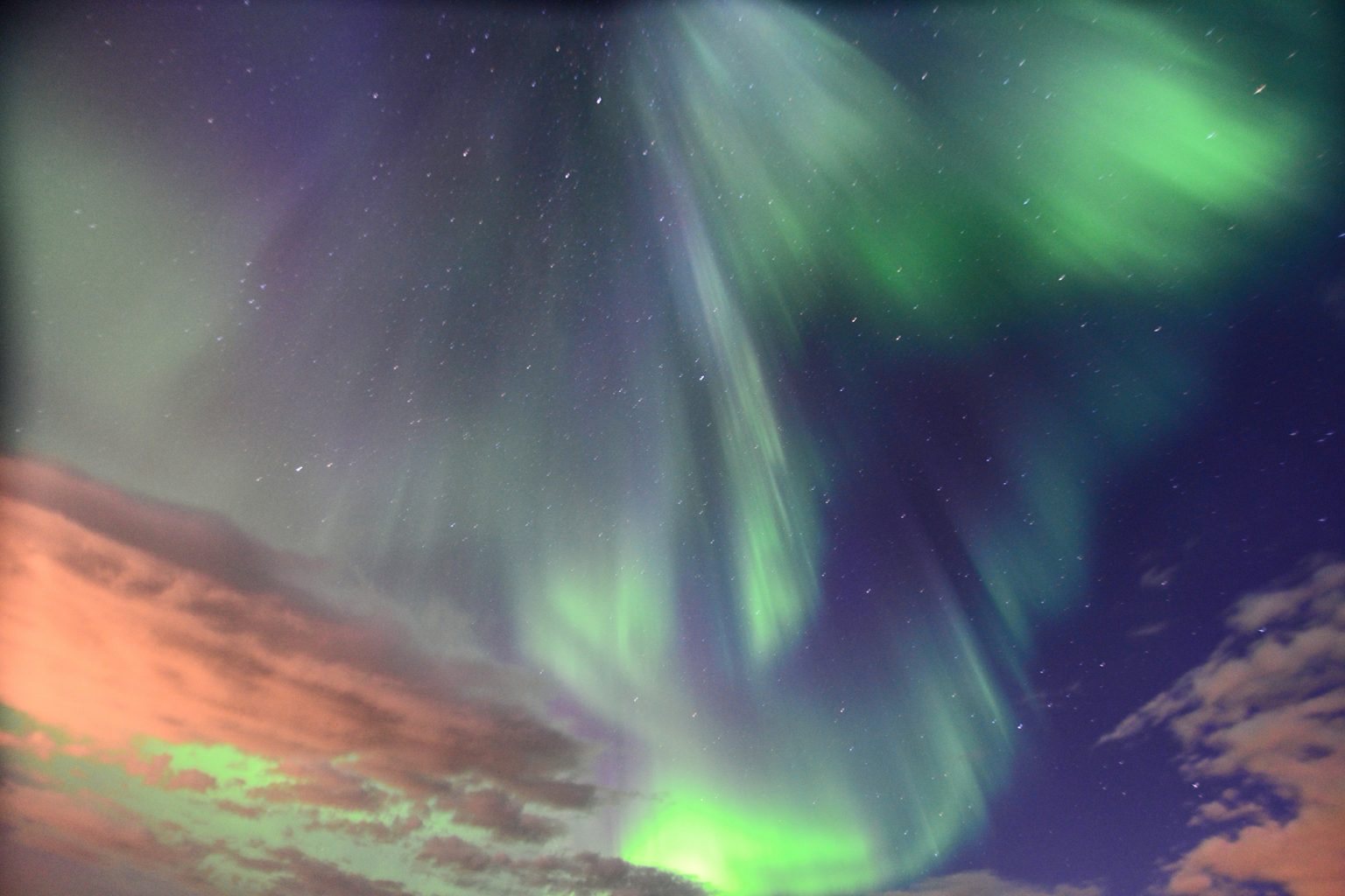 purple and green northern lights in the sky in iceland