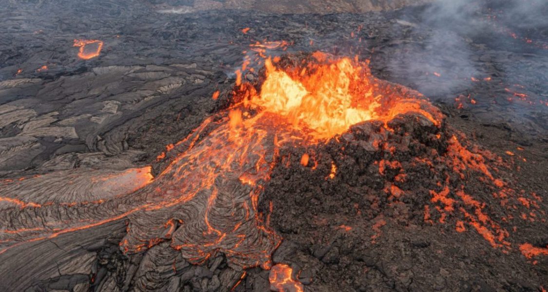 The impressive volcano Fagradalsfjall blowing lava