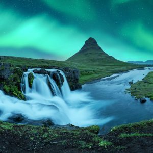 Aurora,Borealis,Northern,Lights,Over,Kirkjufellsfoss,Waterfall.,Amazing,Night,Scene